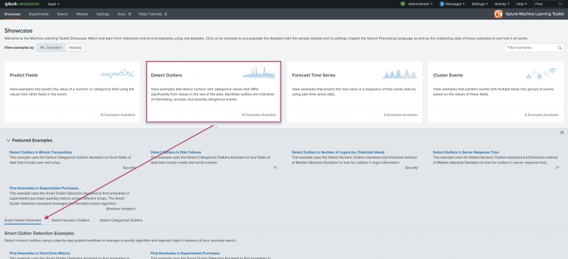 This image shows the landing page for the Machine Learning Toolkit Showcase page. The Detect Outliers option is highlighted and pointing to the available examples for the Smart Outlier Detection Assistant.