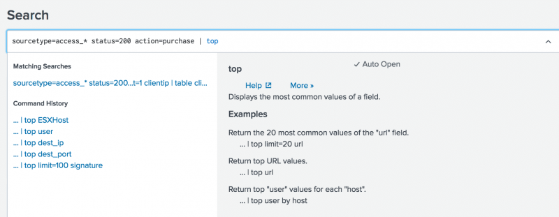 This screen image shows the change in the Search Assistant when you select the "top" command. The right side of the Search Assistant provides a description of the command and some examples.
