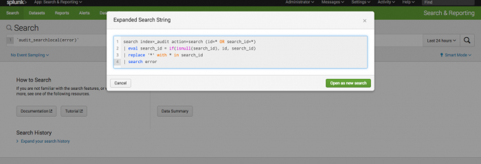 This screen image shows the expanded default macro `audit_searchlocal(error)`.