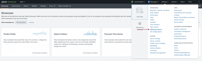 This screenshot of the Splunk interface shows the menu options available by clicking the Settings menu in the Splunk bar. The option for Advanced Settings is highlighted.