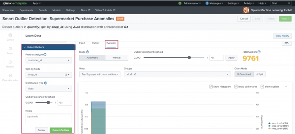 This image shows the Learn stage with field selections set under the Detect Outliers menu. A visualization of the data is displayed on the Evaluate screen. The View history button is highlighted.