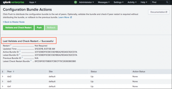 The image shows the Configuration Bundle Actions UI. The image includes sample output that shows the validation and check restart is successful and a peer restart is not required