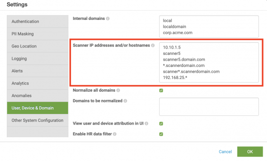 This screenshot shows the Settings dialog with Scanner IP address and/or hostnames field populated with several values, described in the text immediately following this procedure.