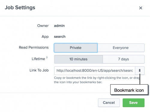 This image shows the Job Settings dialog box. Read Permissions is set to Everyone. Lifetime is set to 7 days. There is a URL that you can copy to send to other users. At the end of the URL there is the Bookmark icon.