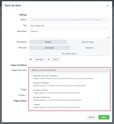 This image shows the Save As Alert window as generated from the Manage option of a saved Experiment in the toolkit. The options under Trigger Condition options for Machine Learning Conditions are unfurled from the drop-down menu. These particular conditions are related to Predict Numeric Fields Experiments.