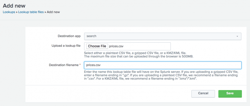 This image shows the Add new view with the prices.csv file specified as the file to upload and the destination name.