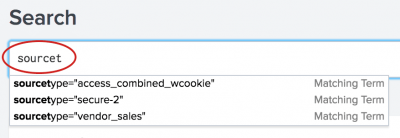 This screen image shows the search assistant Compact mode. The letters "sourcet" are typed into the Search bar. A list of matching terms and matching searches appears below the Search bar.
