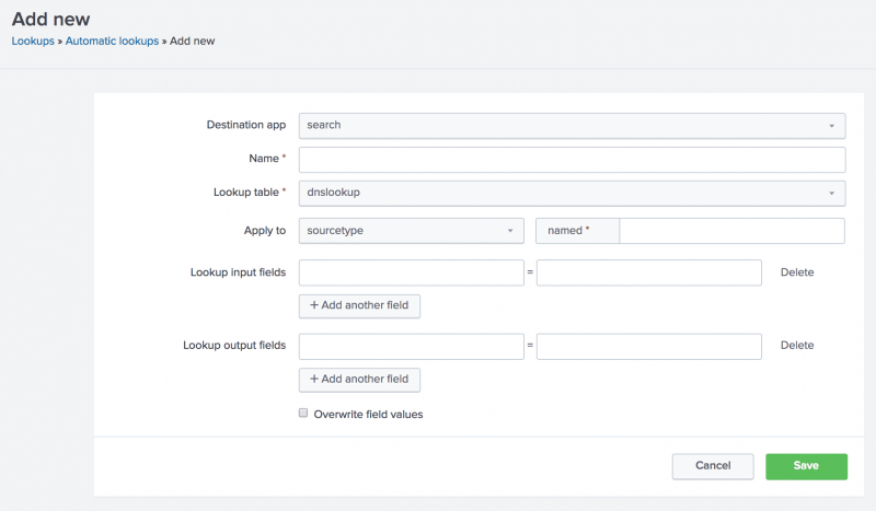 This image shows the Add New view for automatic lookups.  None of the fields have been changed.