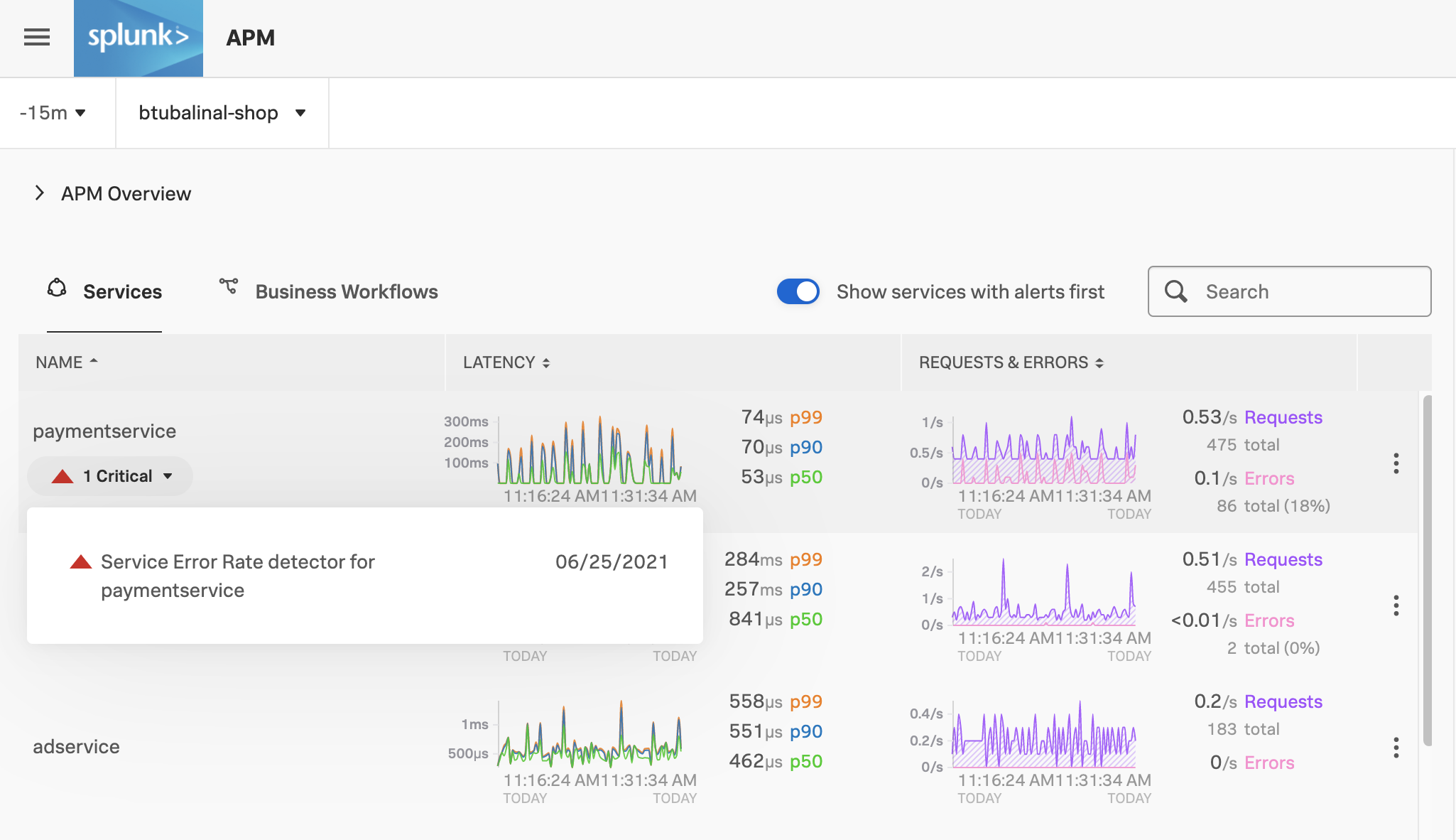 Active alerts tab in APM